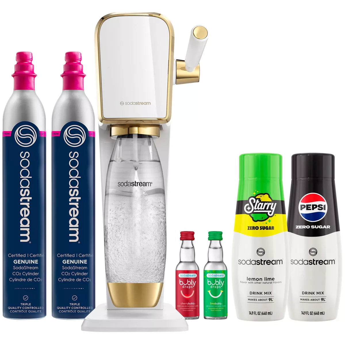 Art Gold Soda Maker with Additional Cylinder and Flavors Bundle