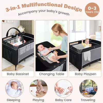 3 in 1 Pack and Play with Toy Bar Diaper Changing Table with Safety Belt
