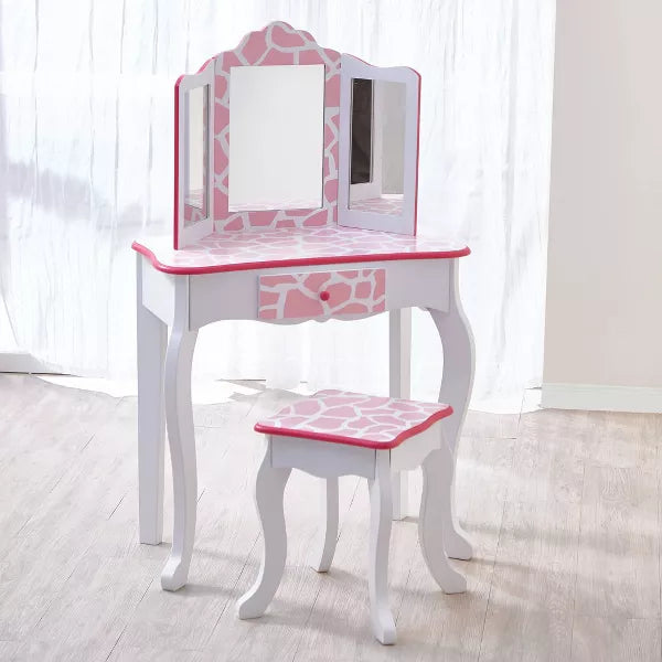 2pc Gisele Giraffe Print Kids' Wooden Vanity Set Pink/White: Toddler Vanity, Childrens Bedroom Furniture
