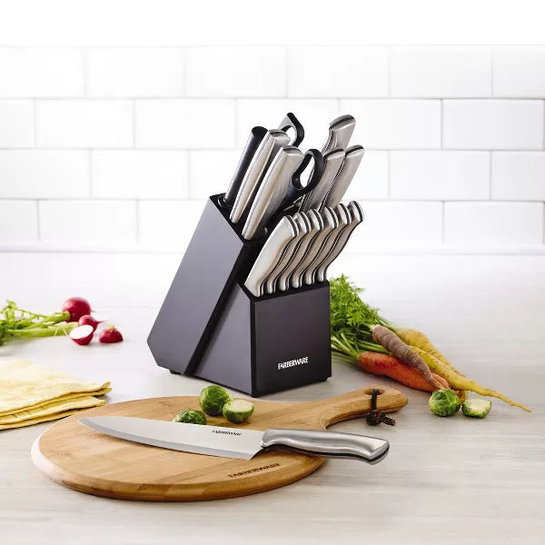 14pc Stainless Steel Knife Block Set: Kitchen Knife Set with Block, Serrated Blades, Hand Wash, Silver