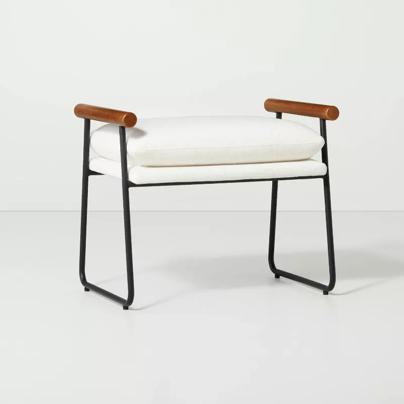 Cushioned Metal & Wood Ottoman - Cream/Black