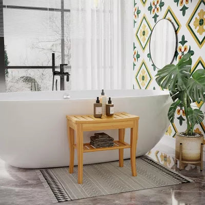 Long Bamboo Shower Bench Seat, Wooden Spa Shower Stool with Underneath Storage Shelf Shoe Organizer