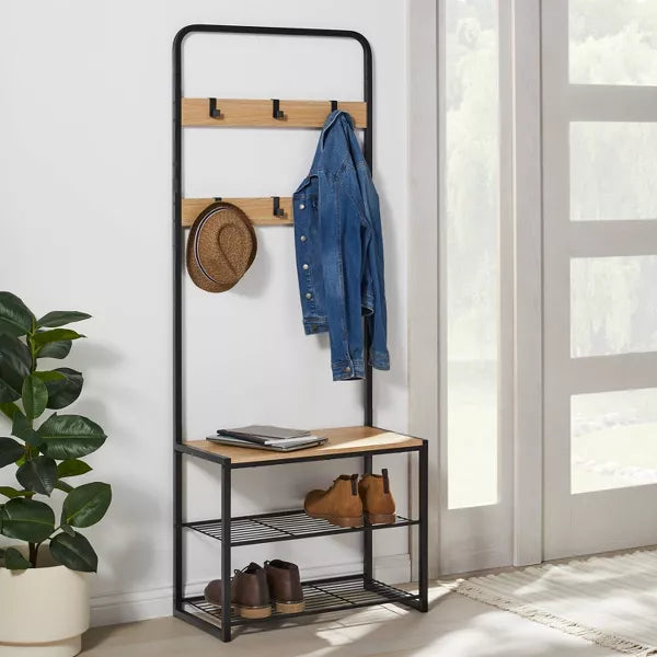 3 Tier Entry Bench with Hooks Black Metal with Natural Wood