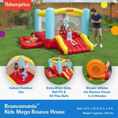 Bouncemania Inflatable Mega Bouncer with 50 Piece Play Balls, 11 Bounce Stakes, Storage Bag, Blower, and Repair Kit, Multicolor