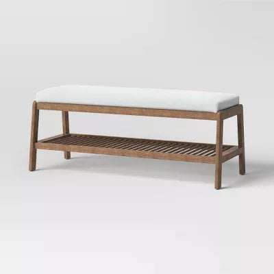 Upholstered Entry Bench with slatted Shelf Cream Boucle