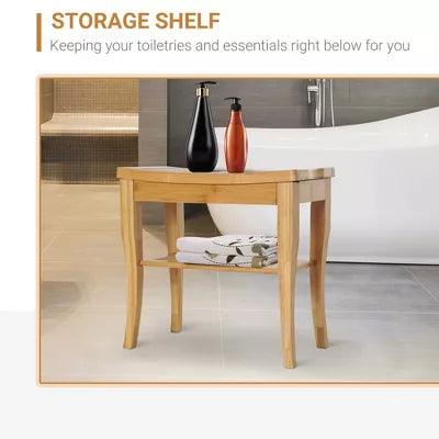 Long Bamboo Shower Bench Seat, Wooden Spa Shower Stool with Underneath Storage Shelf Shoe Organizer