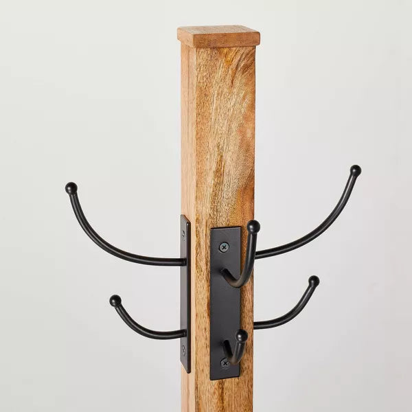 Wood Coat Rack with Metal Hooks - Brown/Black - Freestanding, 8 Hooks