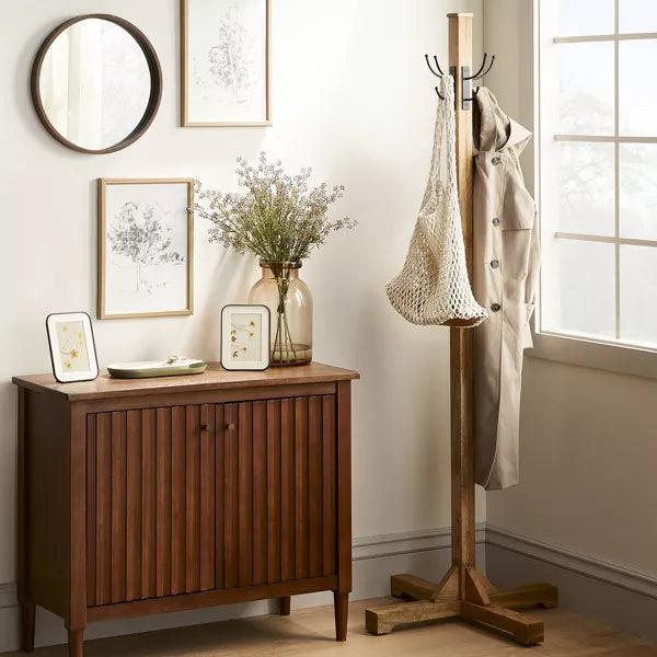 Wood Coat Rack with Metal Hooks - Brown/Black - Freestanding, 8 Hooks, No Assembly Required