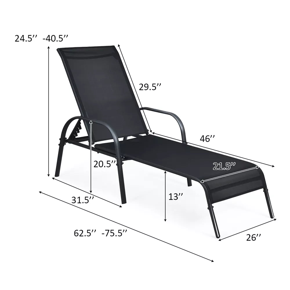 2PCS Outdoor Patio Lounge Chair Chaise Fabric Adjustable Reclining Armrest Black