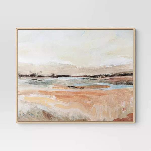 (Set of 2) Faded Landscape Framed Wall Canvases Natural - Polystyrene Frame, Blockprint Art