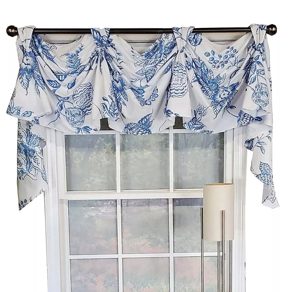 Natalia 3-Scoop Victory Swag Top Tabs Center Luxurious Window Treatment Cyan Blue/White
