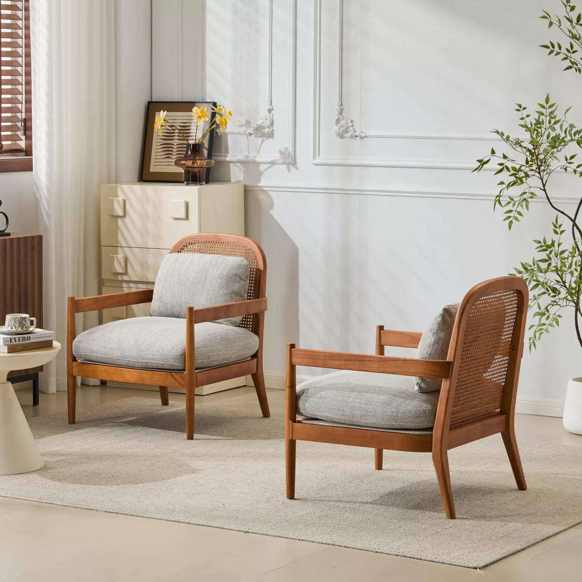 (Set of 2) Zuka Mid-Century cbModern Rattan Wooden Chair with Cushions - Walnut/Grayish Green  SHOWROOM ITEM