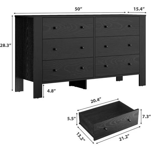 6-Drawer Double Dresser, Modern Wooden Storage Organizer