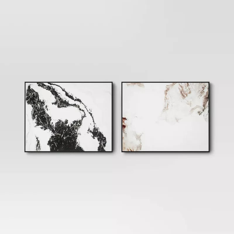 2pk Marble Framed Printed Canvases Black/Tan: Modern Abstract Digital Art, Polystyrene Frame