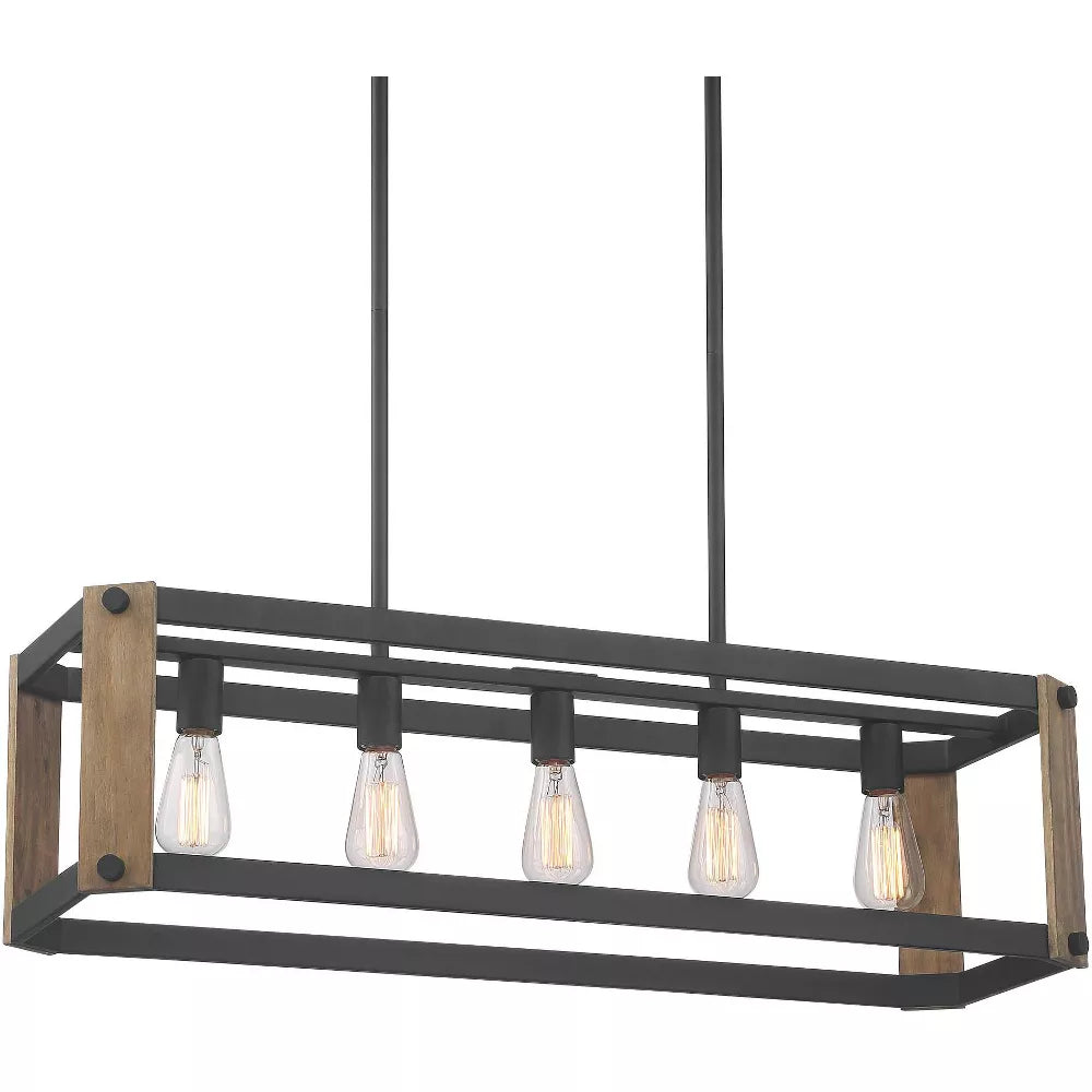 Black Linear Pendant Chandelier  Wide Rustic Farmhouse 5-Light Fixture for Kitchen Island Dining Room