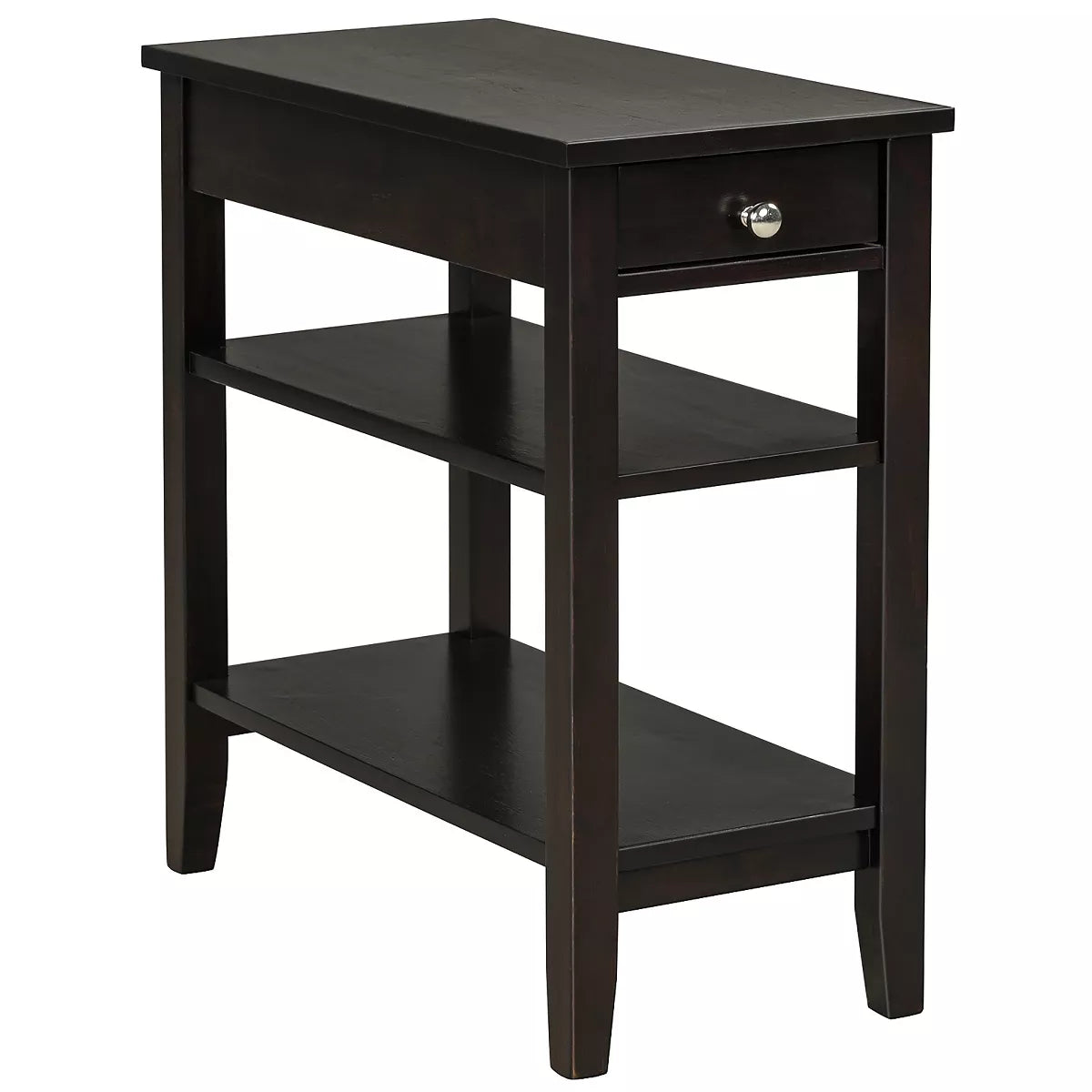 3-Tier Side End Table with Drawer Double Shelf Narrow Nightstand Espresso-Black