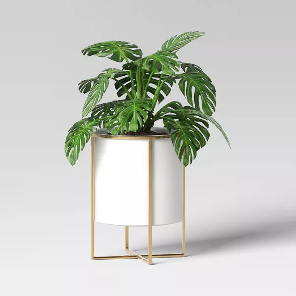 2pc Iron Indoor Outdoor Planter Pot with Stand White/Brass