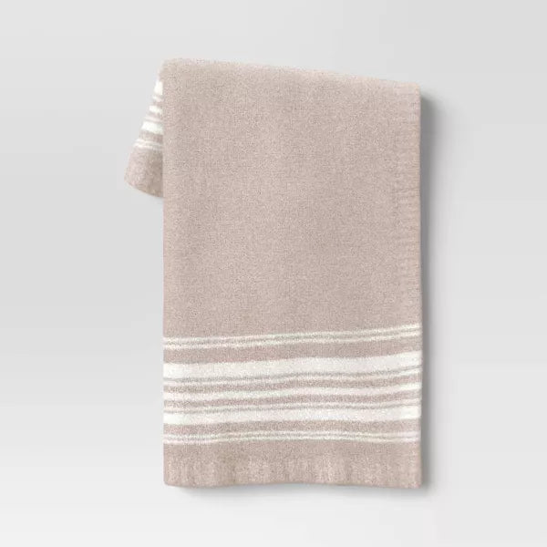 Cozy Feathery Knit Border Striped Throw Blanket