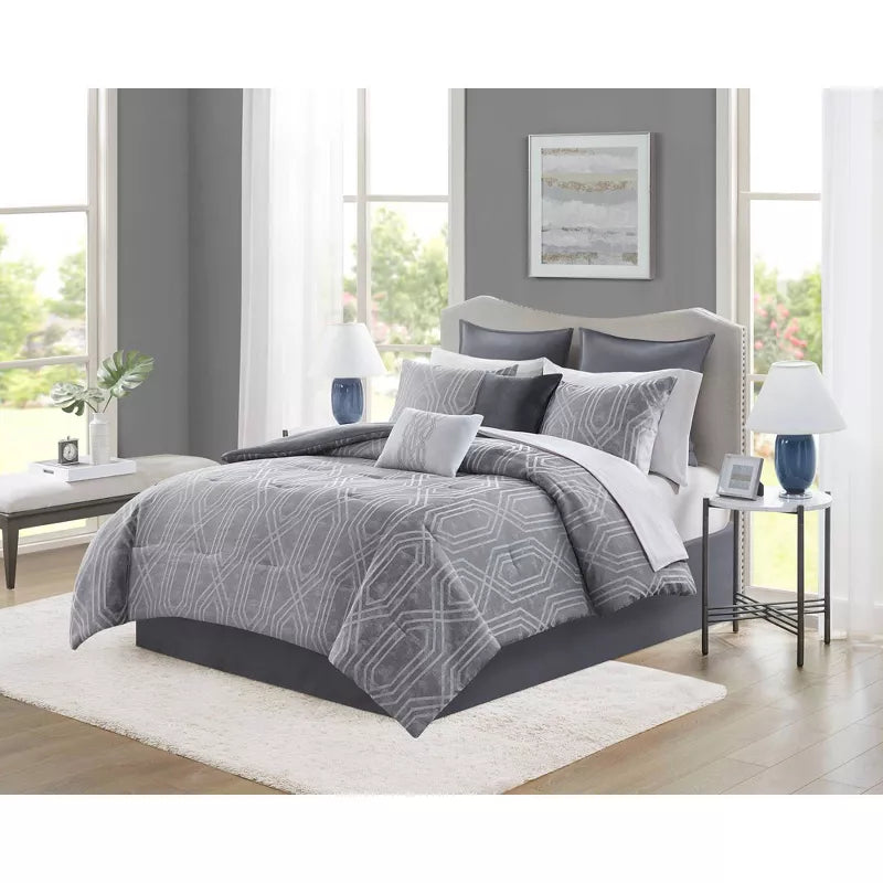Aya Jacquard Geo Comforter & Sheets Bedding Set Gray - Queen