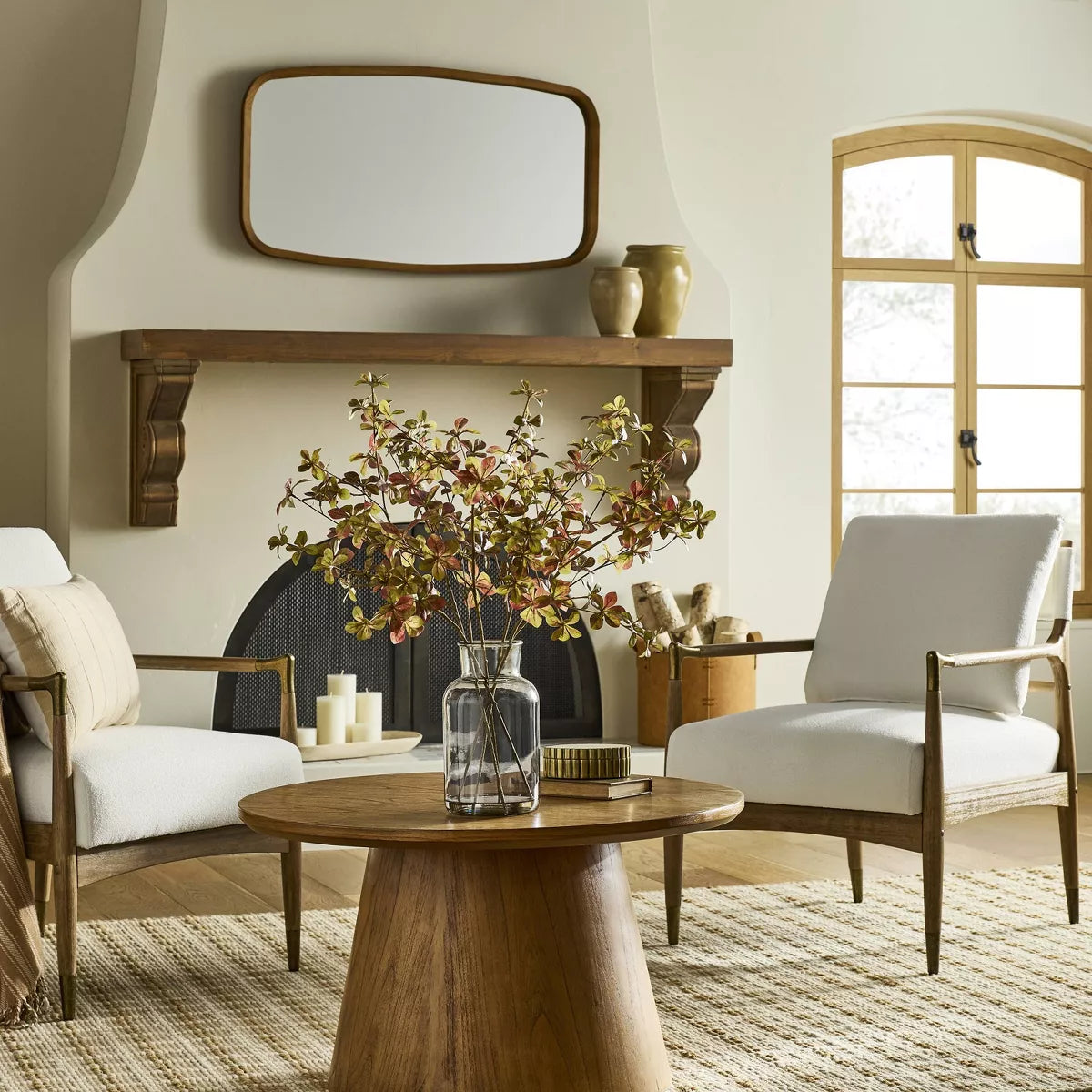 Boucle Upholstered Accent Arm Chair with Brass Details - Natural/Aged Oak