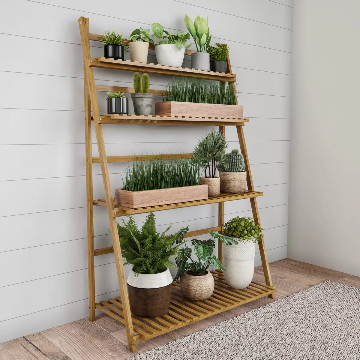 4-Tier Freestanding Indoor/Outdoor Bamboo Ladder Plant Stand and Storage Shelf - Brown
