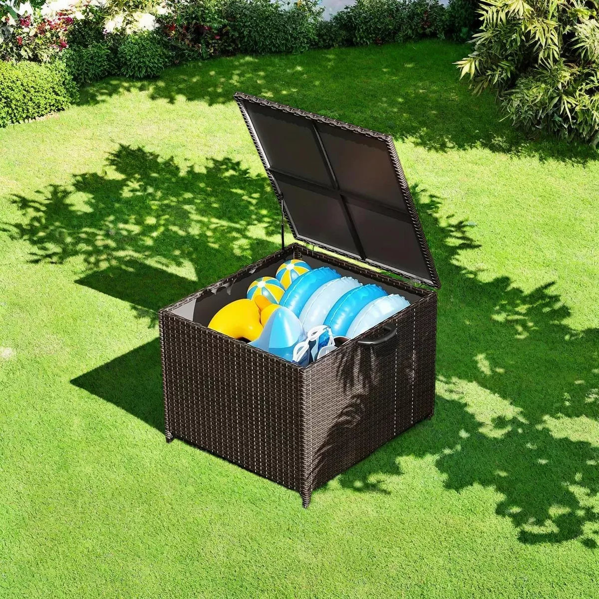 80-Gallon Waterproof Rattan Deck Box with Handles & Wheels, Durable Outdoor Storage Bin for Garden, Pool, Cushions, and Patio SHOWROOM ITEM