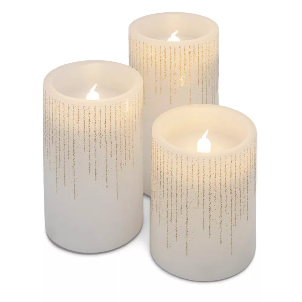 Raindrop Gold Tone Glitter Wax LED Flameless Pillar Candles Set of 3, final cut