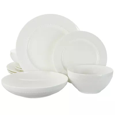 Elite Gracious Dining 16pc Bone China Double Bowl Dinnerware Set in White
