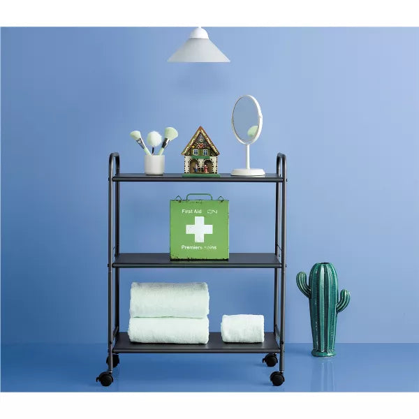 3 Shelf Wide Utility Storage Cart Gray: Steel Rolling Organizer with Wheels, Multipurpose