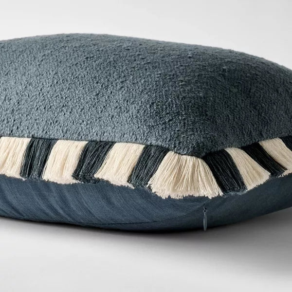 Solid Texture Lumbar Throw Pillow with Stripe Fringe