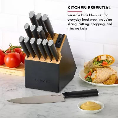 14pc 2-Tone Block Knife Set Black: High Carbon Stainless Steel, Forged Cutlery, Hand Wash