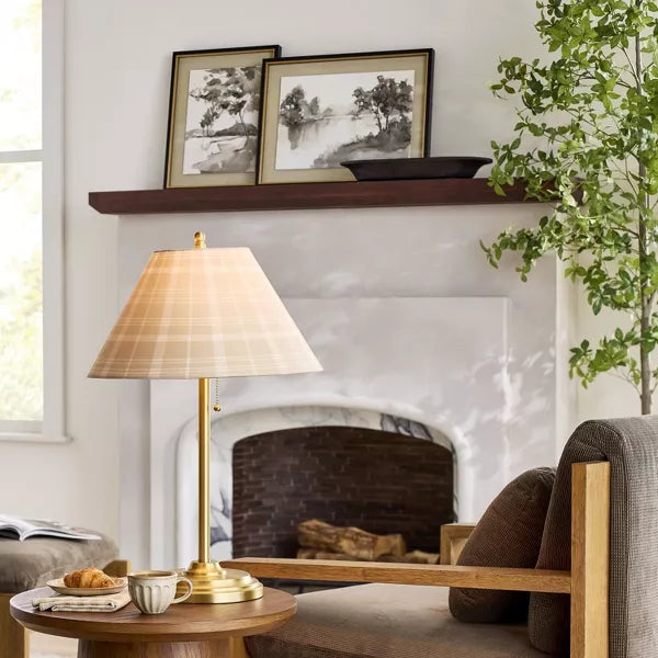 Brass Accent Table Lamp with Classic Plaid Shade Cream/Tan