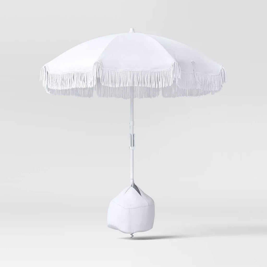 black and white patio umbrella with fringe Outdoor Patio Beach Umbrella with Fringe, – Salvage & Co Indy