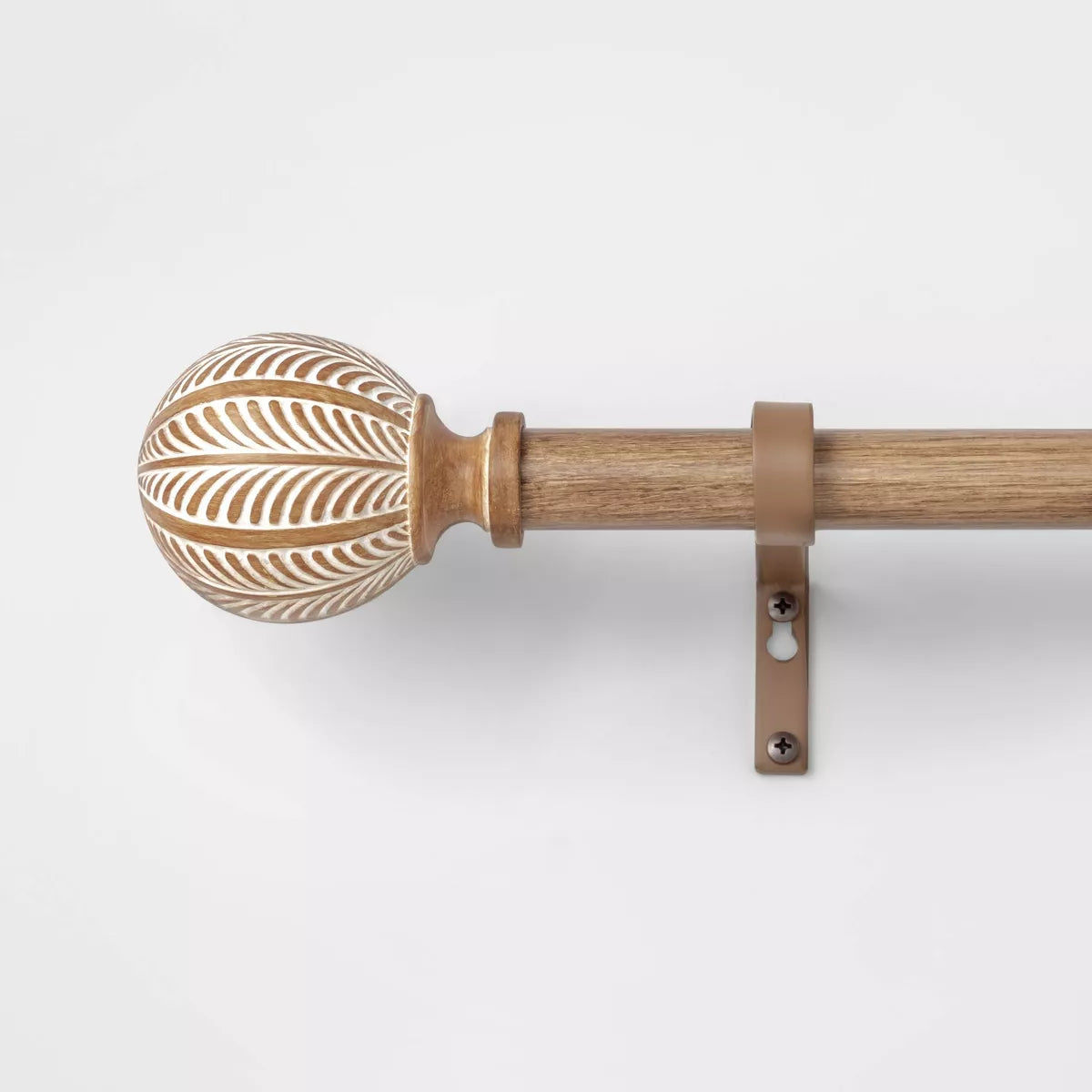 Carved Light Woodtone Ball Curtain Rod Natural