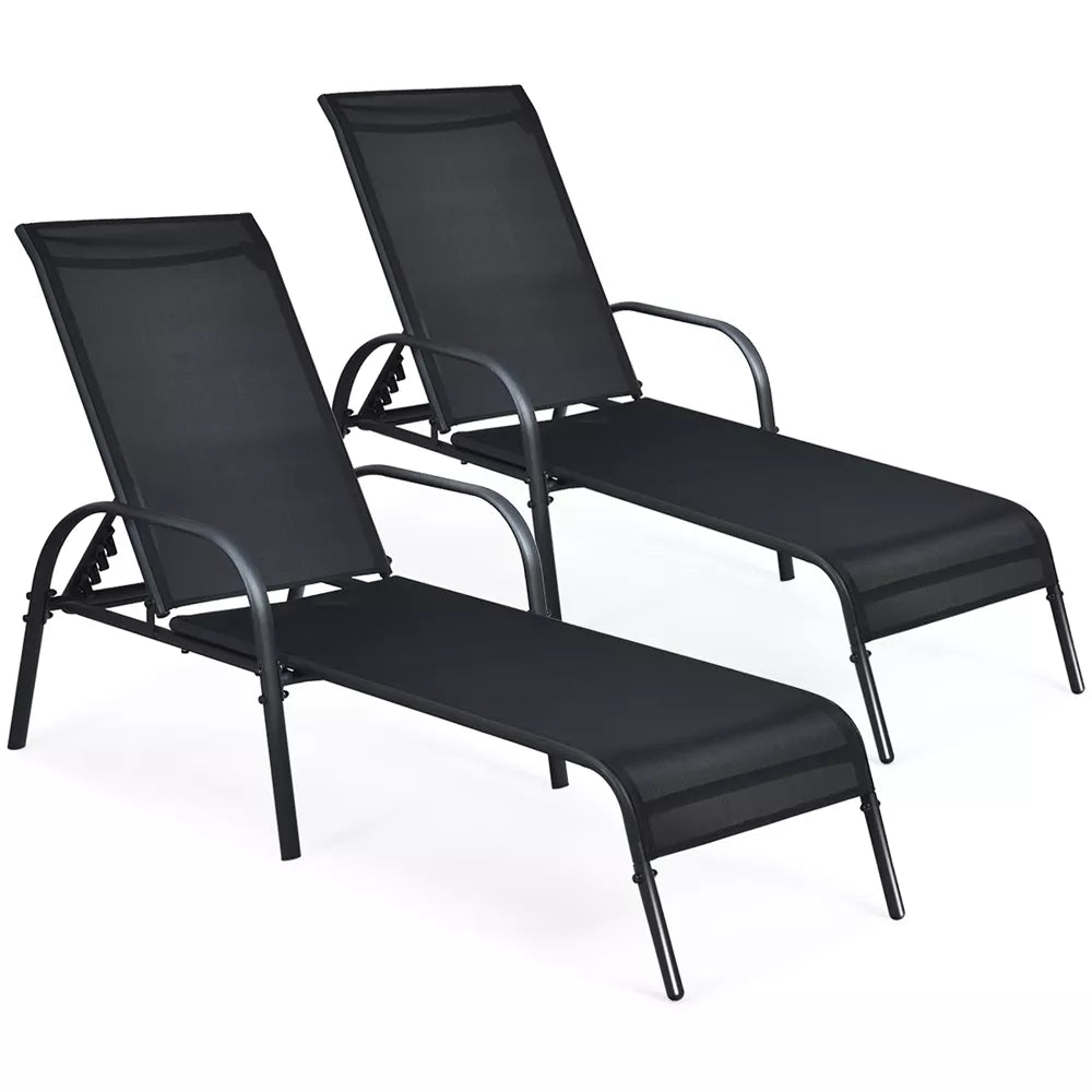 2PCS Outdoor Patio Lounge Chair Chaise Fabric Adjustable Reclining Armrest Black