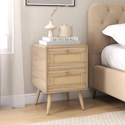 1/2 PCS Rattan Nightstand Boho Accent Bedside Table with 2 Storage Drawers Natural