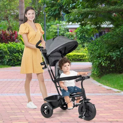 Babyjoy 4-in-1 Multifunctional Tricycle Kids Trike with Removable Canopy & Push Handle - Gray