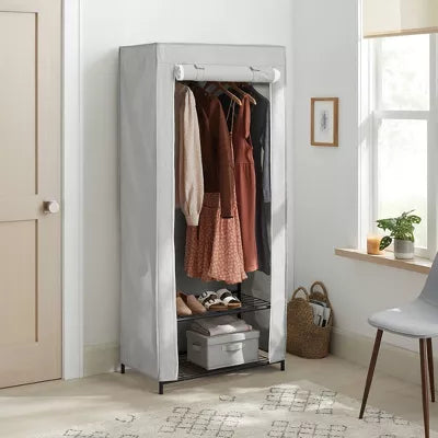 Double Rod Fabric Covered Wardrobe - Steel Frame, 2 Shelves, Gray