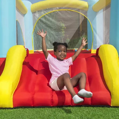 Bouncemania Inflatable Mega Bouncer with 50 Piece Play Balls, 11 Bounce Stakes, Storage Bag, Blower, and Repair Kit, Multicolor
