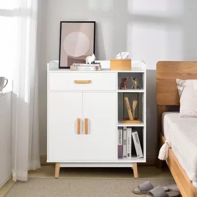 Floor Storage Cabinet Free Standing Cupboard Chest w/1 Drawer 2 Doors 3 Shelves