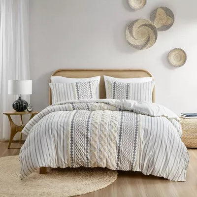 3pc Imani Cotton Printed Duvet Cover Set with Chenille - Full/Queen
