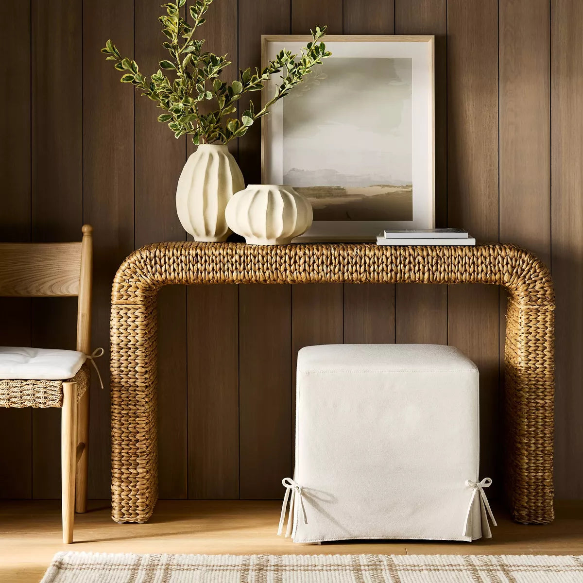 Lynwood Slipcover Cube Ottoman with Tie Details Cream - Threshold - SHOWROOM ITEM