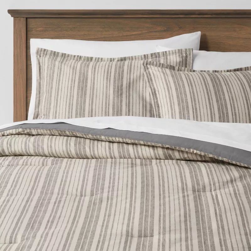 7pc Reversible Printed Stripe Comforter Bedding Set with Sheets Gray - King