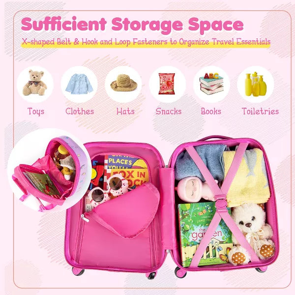 2PC Kids Carry On Luggage Set 12" Backpack and 16" Rolling Suitcase for Travel