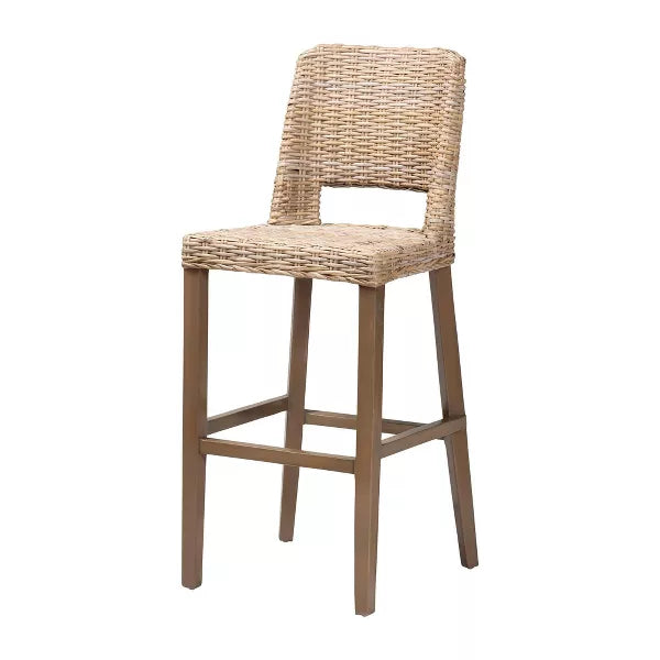 Magy Rattan and Mahogany Wood Barstool Kubu Gray/Rustic Taupe