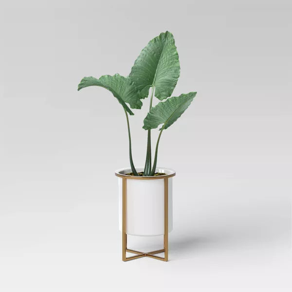 2pc Iron Indoor Outdoor Planter Pot with Stand White/Brass