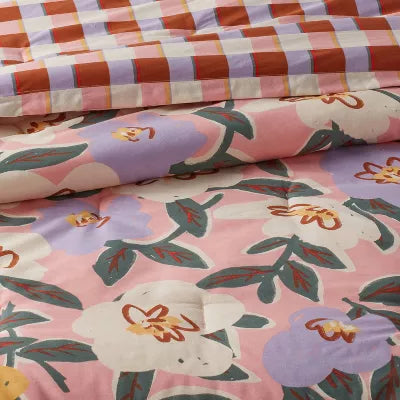Flower/Plaid Reversible Kids' Comforter Set - Full/Queen