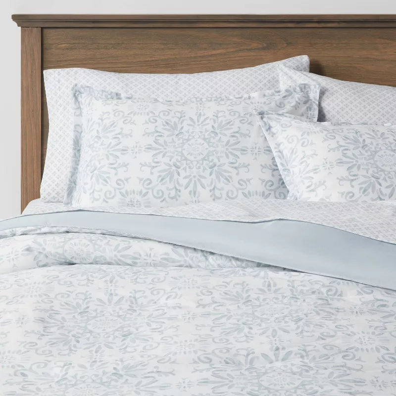 7pc Medallion Comforter Bedding Set with Sheets Blue - King