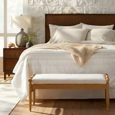 Upholstered Natural Wood Accent Bench Oatmeal