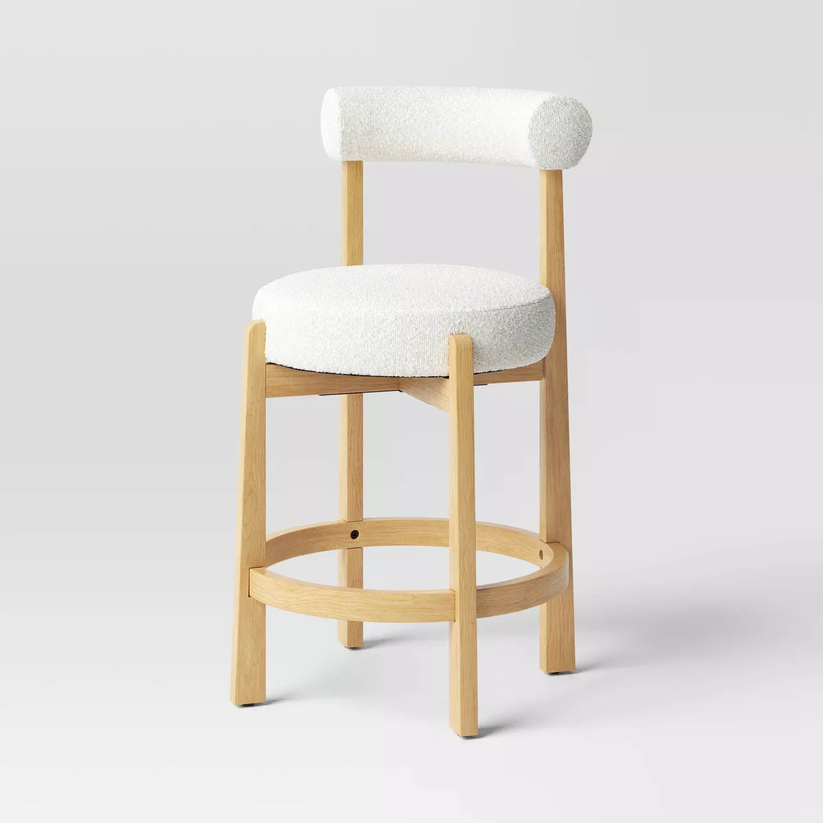 Sculptural Upholstered and Wood Boucle Counter Height Barstool Cream - Round, Stained, Polyurethane Foam Filled